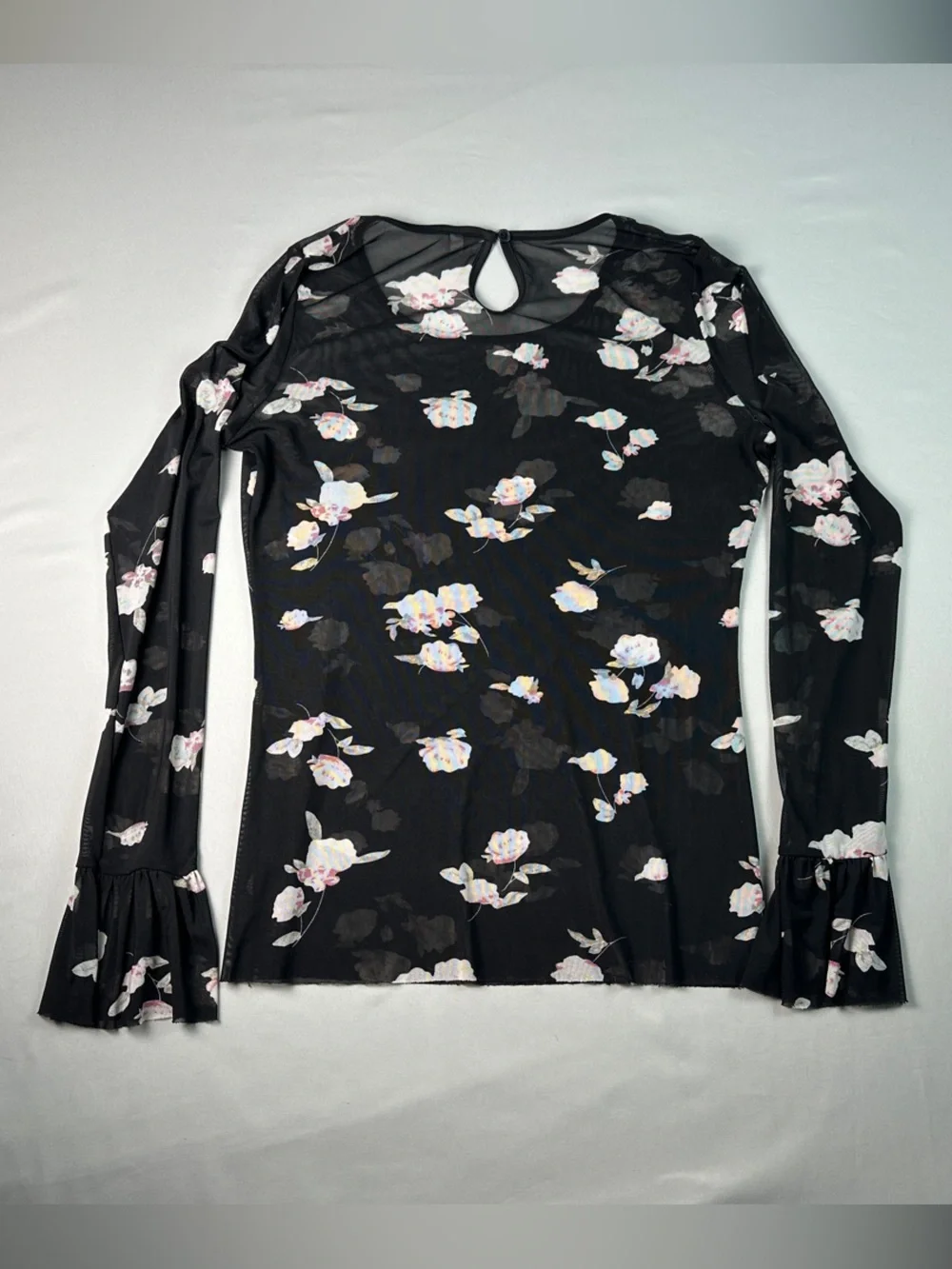 Women’s Black Floral Sheer Long Sleeve Mesh Shirt Bell Sleeve